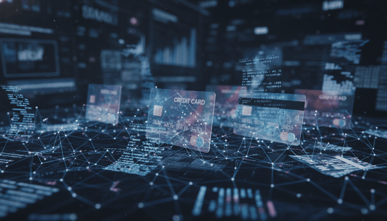 Abstract representation of AI-generated documents and credit cards, symbolizing financial fraud and digital deception.