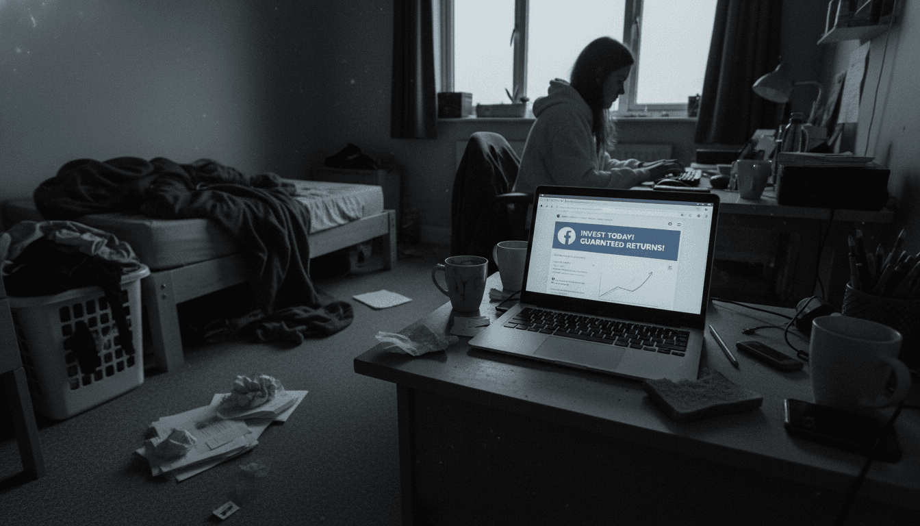 A close-up view of a laptop screen displaying a social media feed with a fraudulent investment advertisement, with a blurred background of a messy bedroom, suggesting the humble origins of a large-scale fraud.