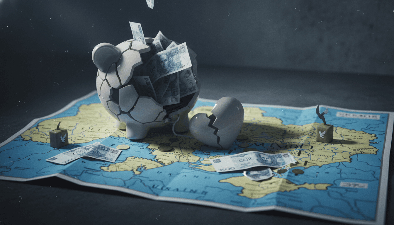 A conceptual image depicting a cracked piggy bank or donation box, with Czech currency spilling out onto a map of Ukraine, symbolizing misappropriated charity funds.