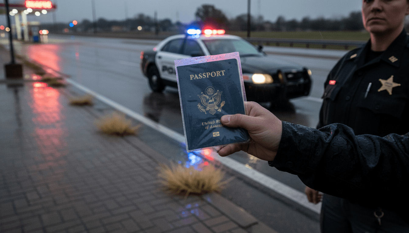 A close-up of a Texas state trooper's hand holding a fraudulent passport, with blurred police car lights in the background, symbolizing the discovery of the passport scam kingpin.