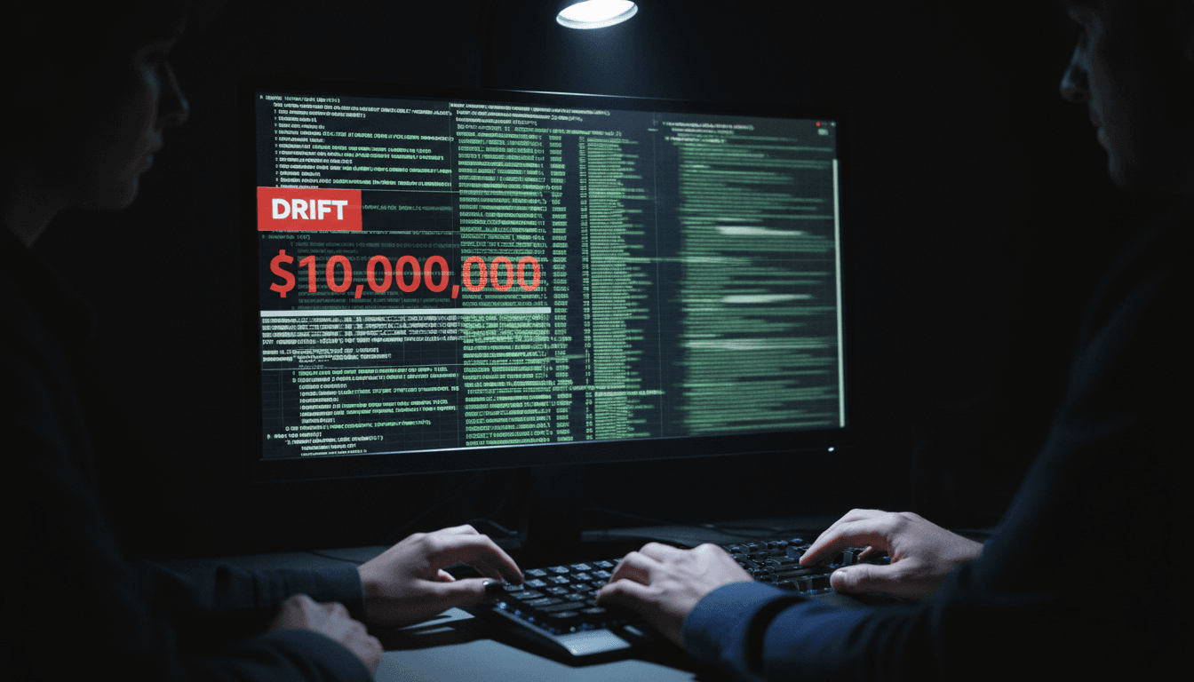 A digital bounty poster for the Drift Issues Bounty on $295 Million DeFi Hack, displayed on a glowing cryptocurrency exchange screen.