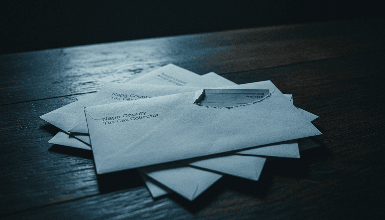 A close-up of a stack of envelopes, some partially opened, with a blurred 'Napa County Tax Collector' address visible, symbolizing the Napa County property tax fraud.