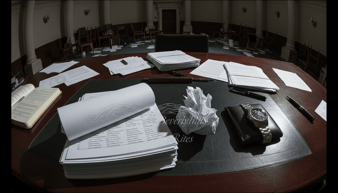 Still life image showing a stack of glossy financial statements with a prominent 'Beverly Hills' watermark, a luxury watch, and a partially shredded document on a polished mahogany desk, representing a Beverly Hills account manager charged with fraud.