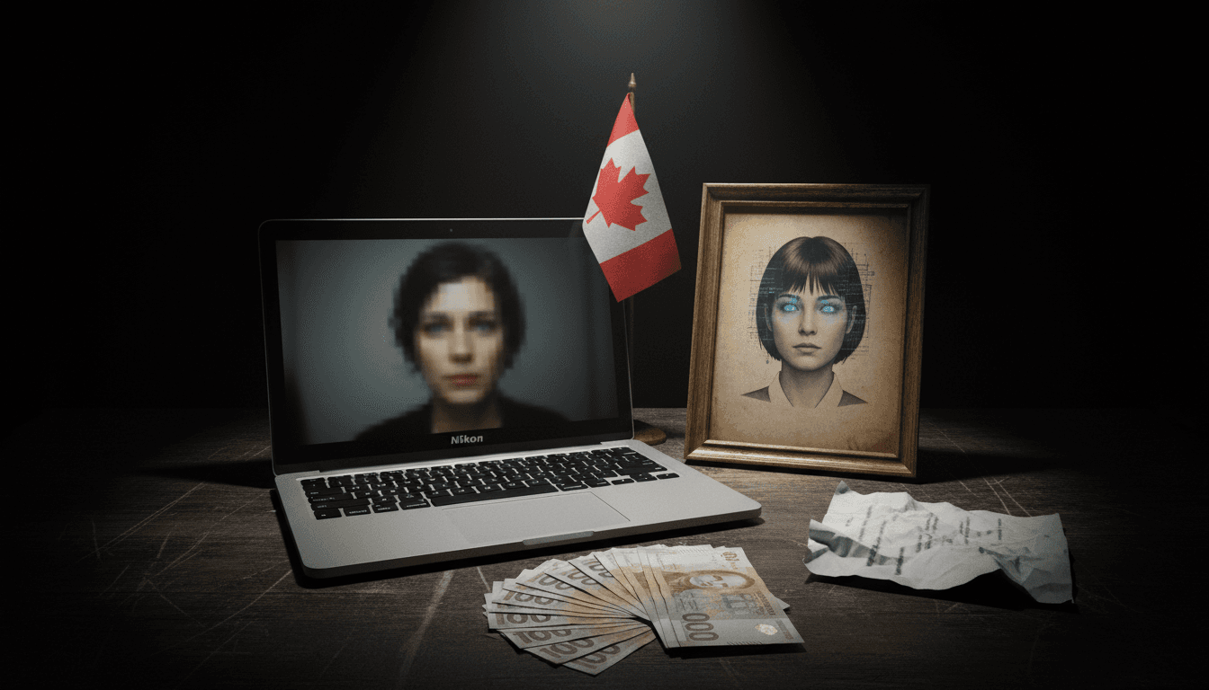 A desk with a laptop displaying a blurry video call, a fake legal certificate with an AI-generated image, a Canadian flag, and a stack of bills, symbolizing the intricate deception of recovery fraud.