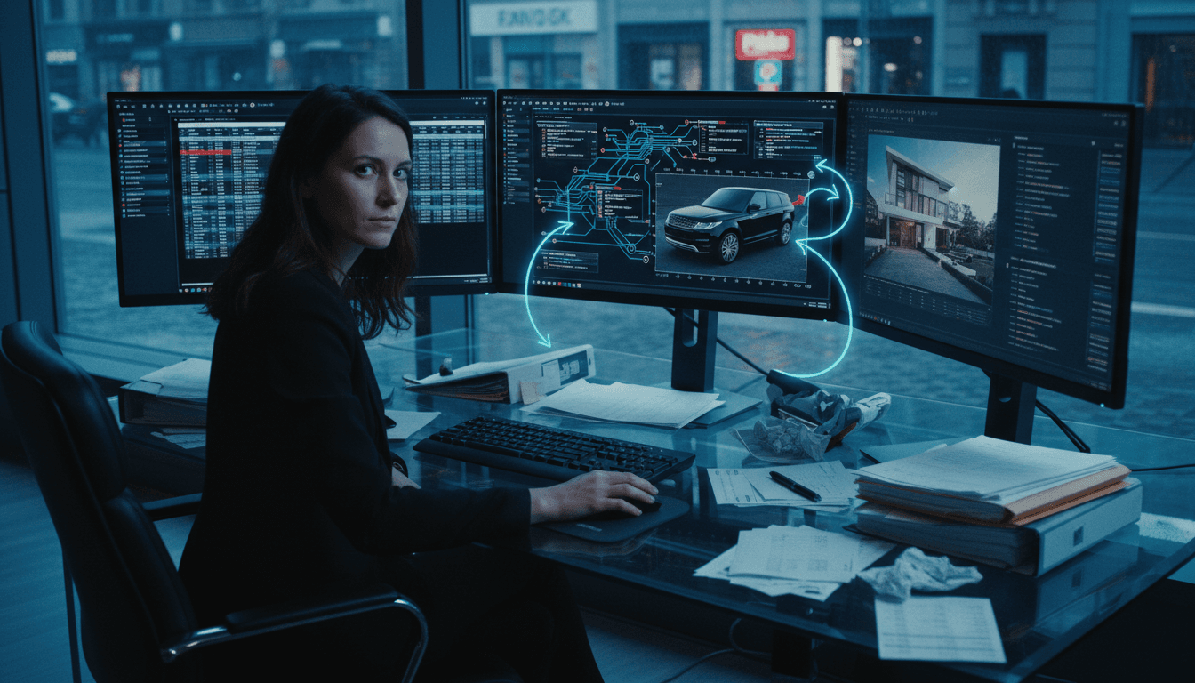 A digital representation of a blockchain ledger with transactions flowing into a luxury Range Rover and a high-rise building, symbolizing assets acquired by a Lagos crypto fraudster.