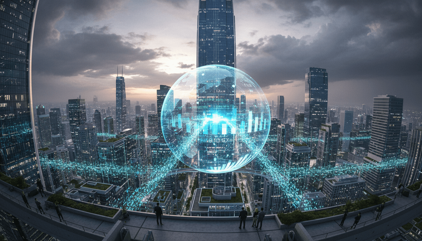 An aerial view of a futuristic city skyline with digital data streams flowing between buildings, representing the interconnectedness and transparency of crypto prediction markets.