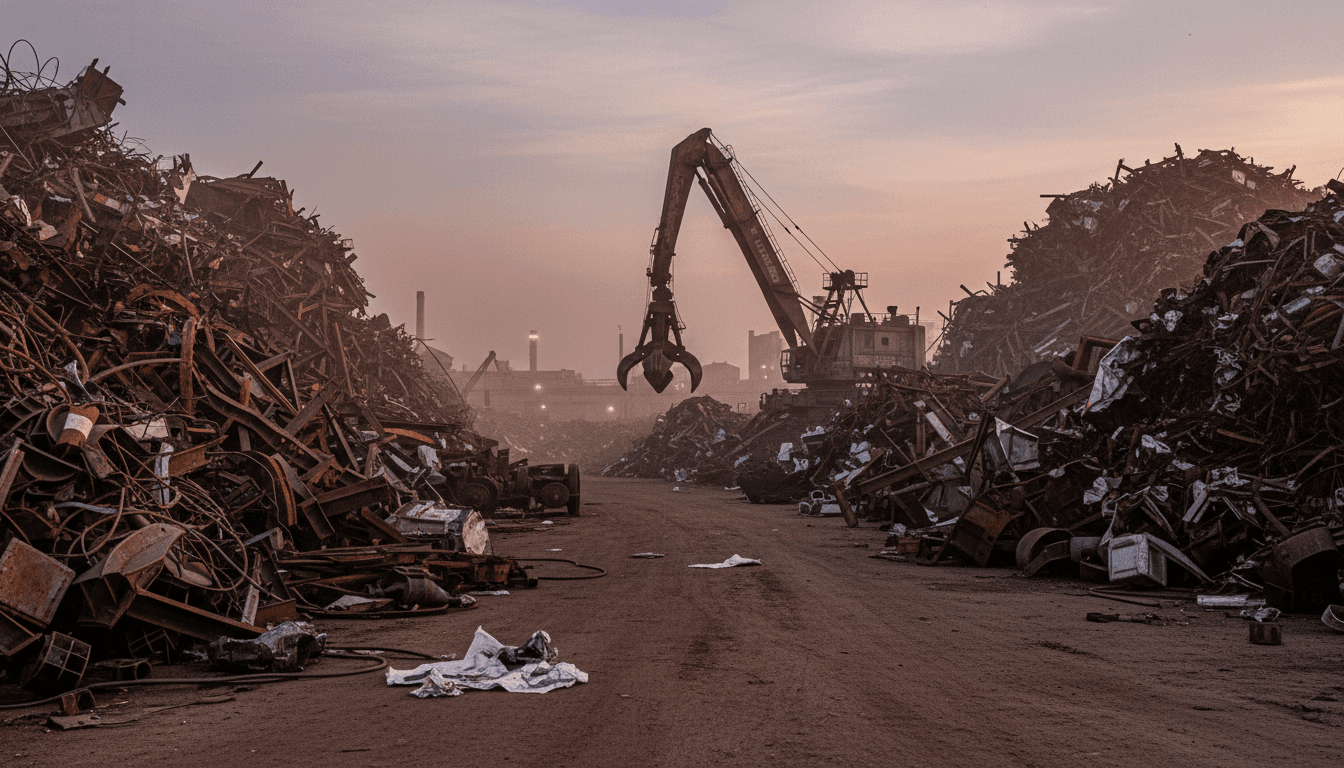 A pile of various industrial scrap metal at a recycling yard, symbolizing the multi-million dollar scrap metal theft.