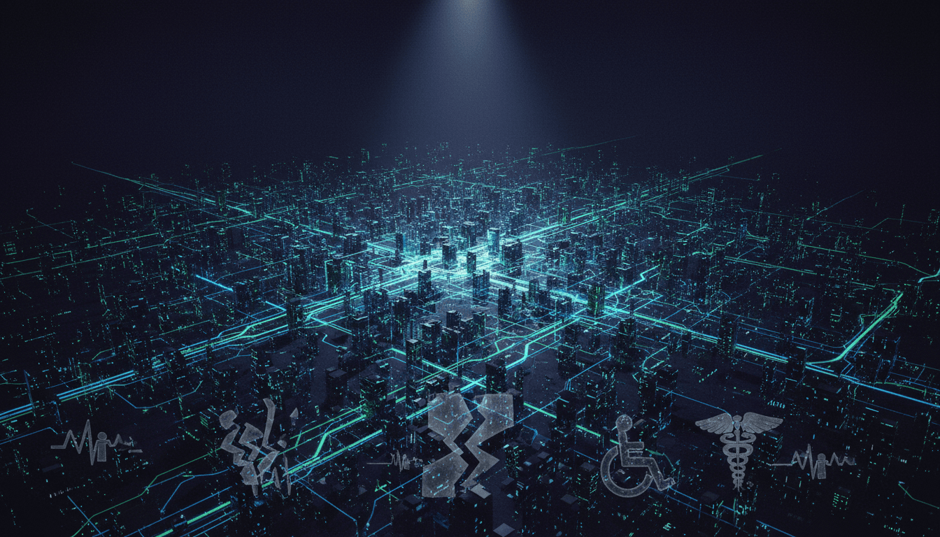 A complex network of glowing digital lines representing data flow and illicit transactions, symbolizing the intricate billion-dollar healthcare fraud scheme.