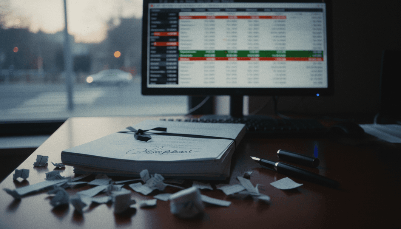 A close-up of shredded financial documents, a partially obscured brokerage statement, and a signed but misleading client authorization form, symbolizing financial advisor client fraud.