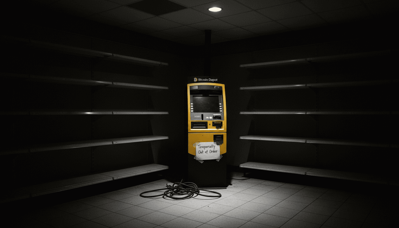 A yellow and black Bitcoin Depot ATM kiosk with 'Bitcoin sold here' text, representing the company's services before Bitcoin Depot files for bankruptcy.