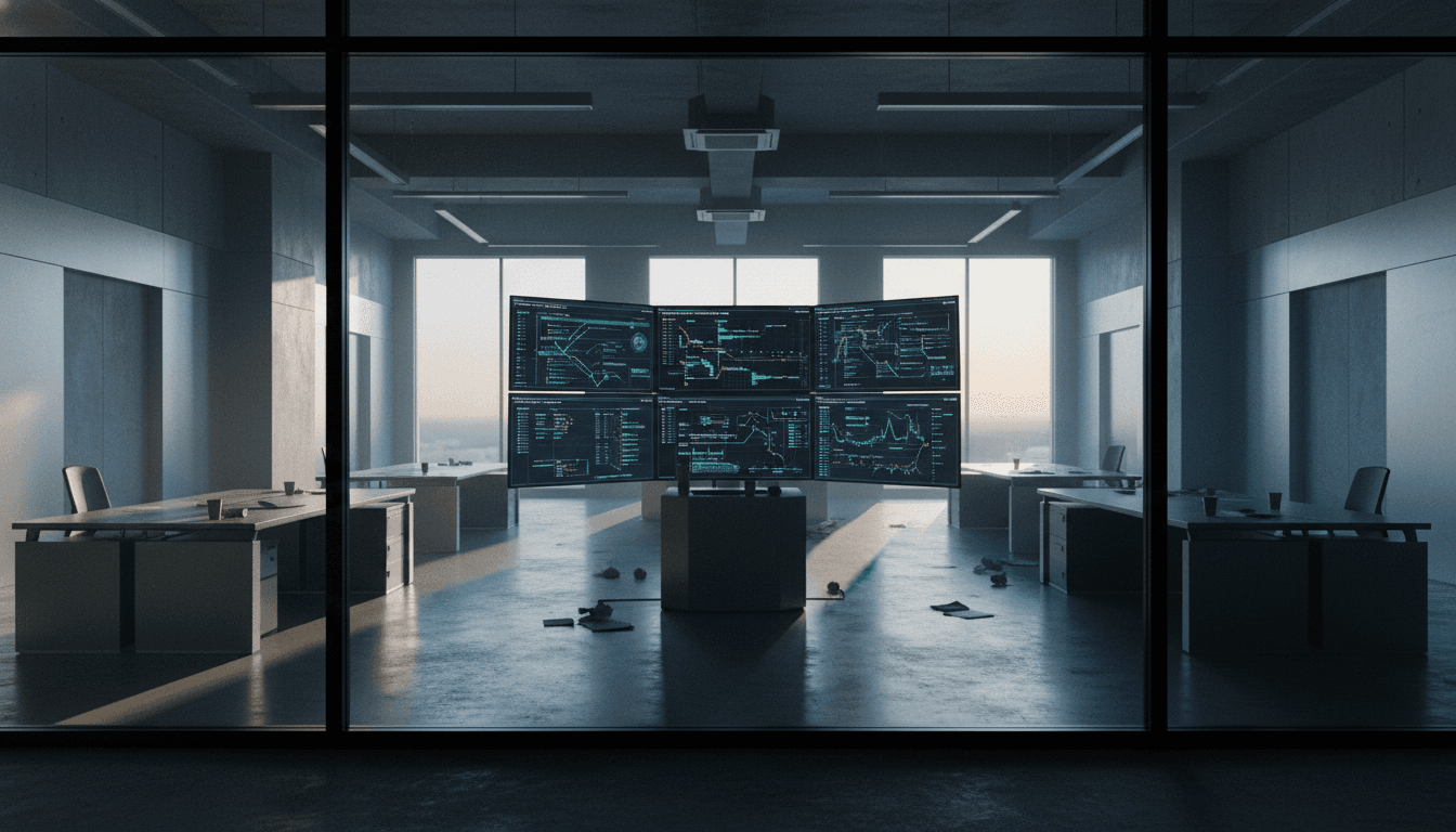 An empty, dimly lit digital trading floor at dawn, with scattered papers and a few monitors displaying frozen, complex blockchain transaction graphs related to the THORChain platform theft.