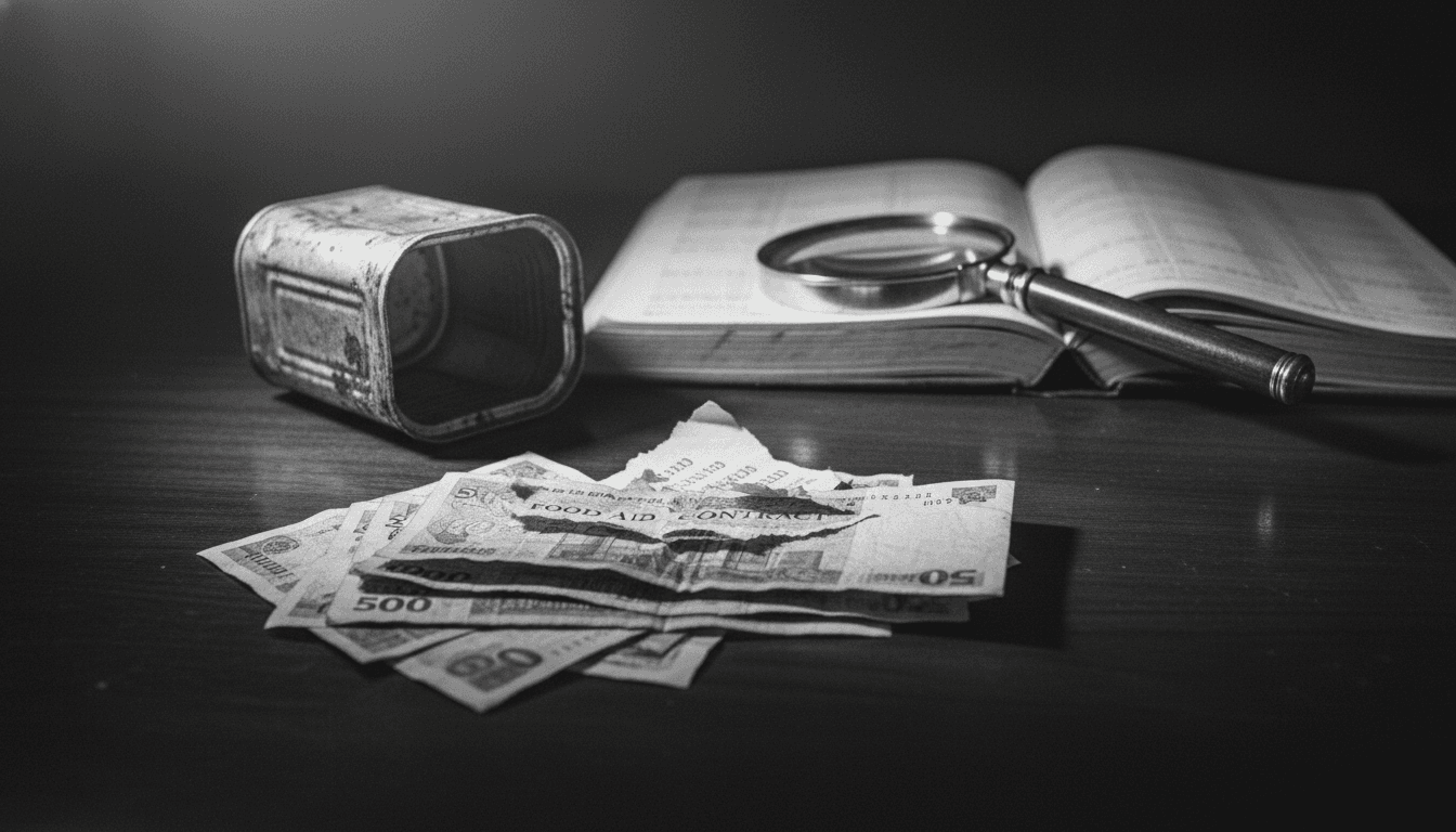 A still life composition depicting documents related to the Alex Saab charged in Venezuelan food aid corruption case, including a crumpled contract, a stack of currency, and a small, empty food container, all on a dark, textured surface.