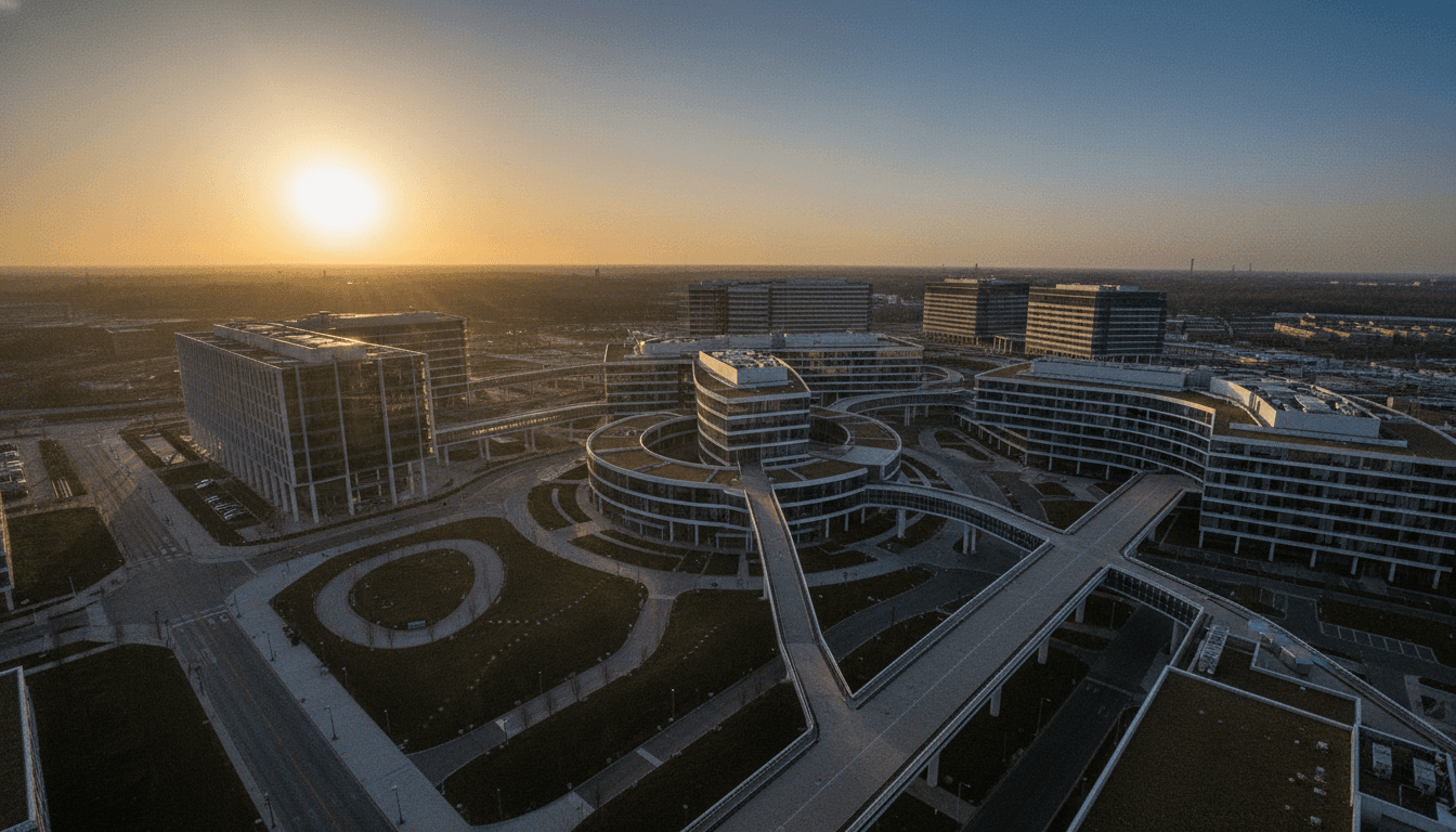 An aerial view of a sprawling corporate campus, representing the scale of the financial empire involved in the Greg Lindberg to be sentenced case.