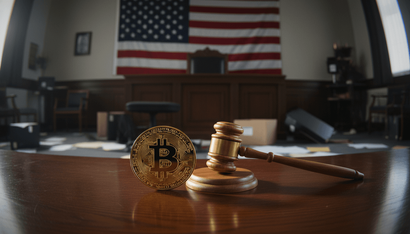 A close-up still life featuring a gold-plated Bitcoin coin resting on a dark wooden surface, with a miniature judge's gavel beside it and a subtly blurred U.S. flag in the background, symbolizing the intersection of cryptocurrency, law, and national interest in the context of OFAC sanctions.