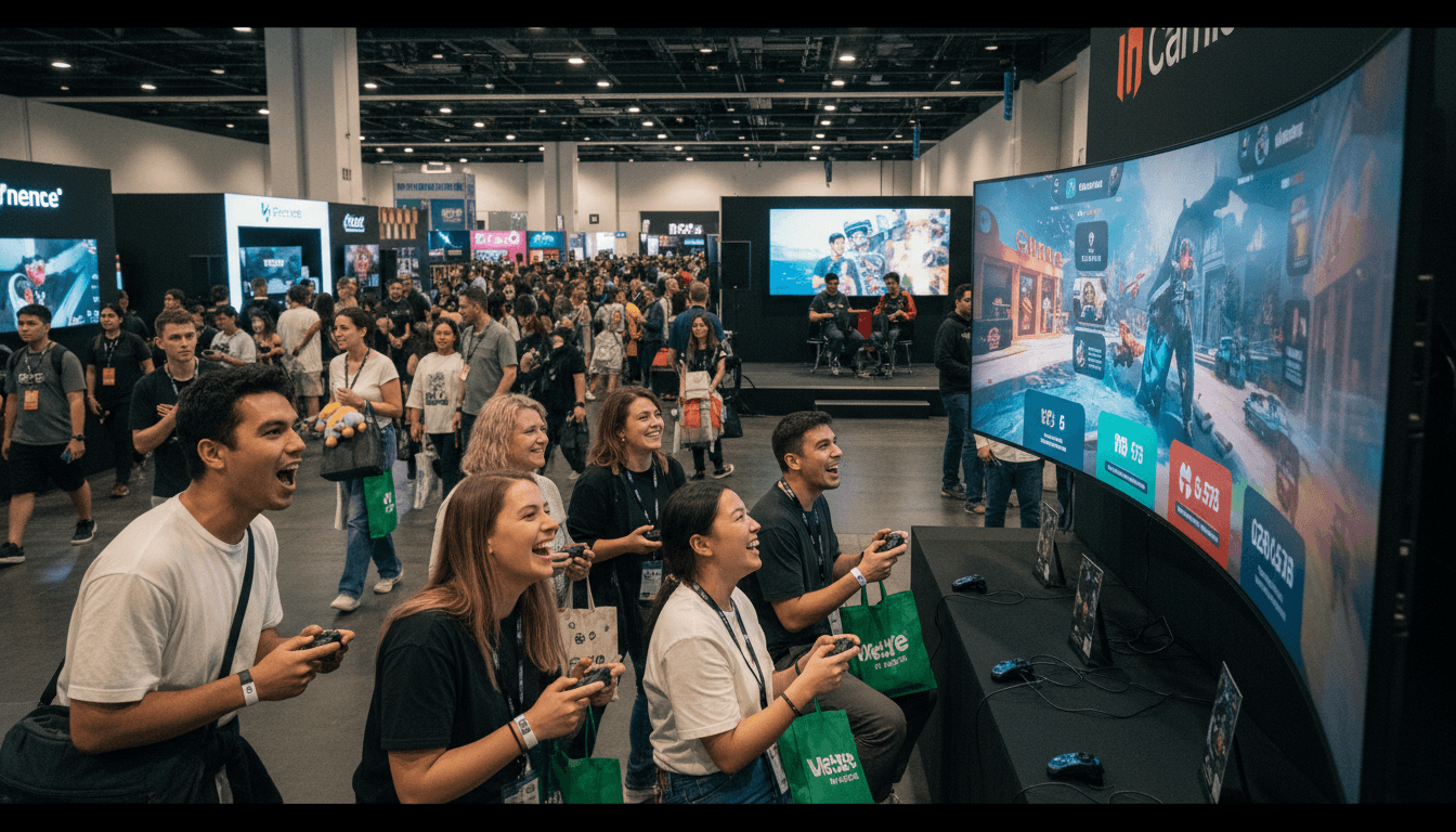 A bustling street-level view of a gaming convention in Sydney, showcasing attendees interacting with various game demo stations, highlighting the vibrant Australia gaming market.