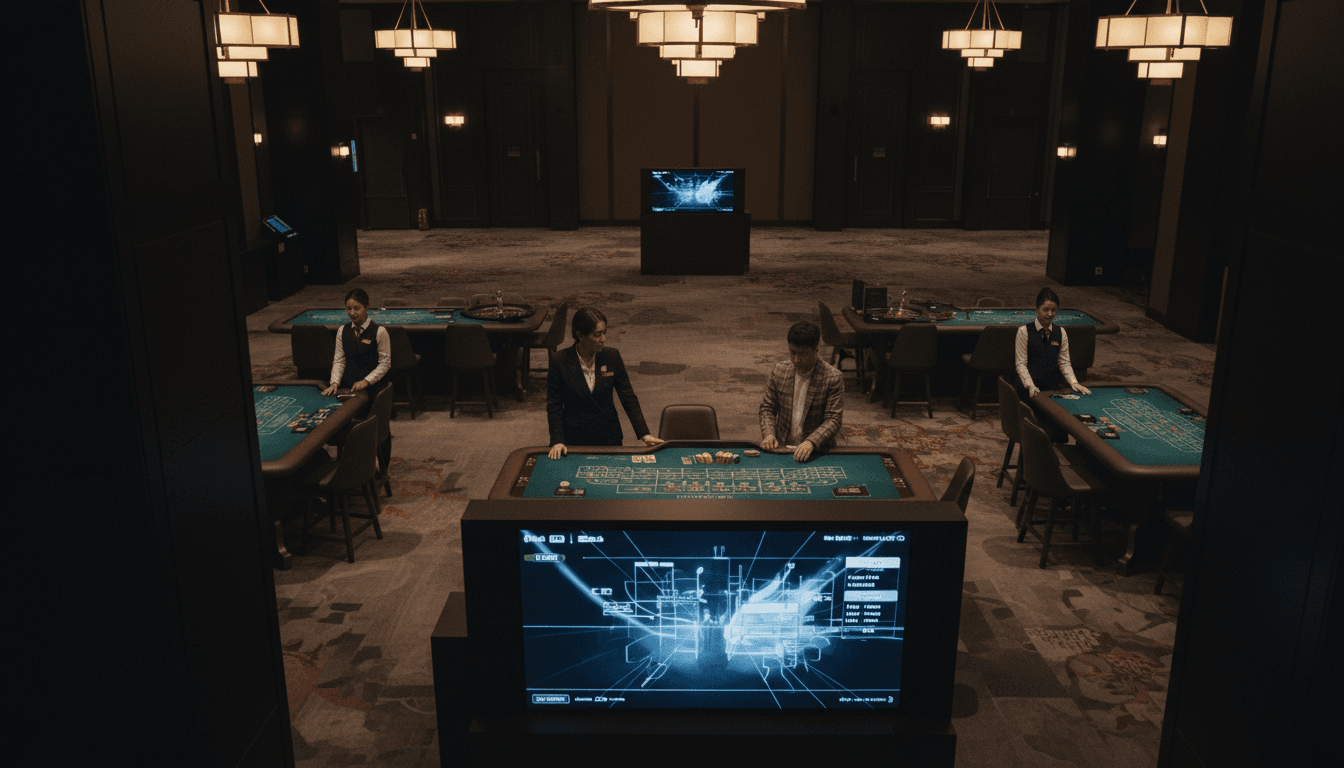 A conceptual rendering of a casino floor at Kangwon Land with subtle hints of ongoing operations and gaming tables, reflecting the business environment where Kangwon Land profit falls.