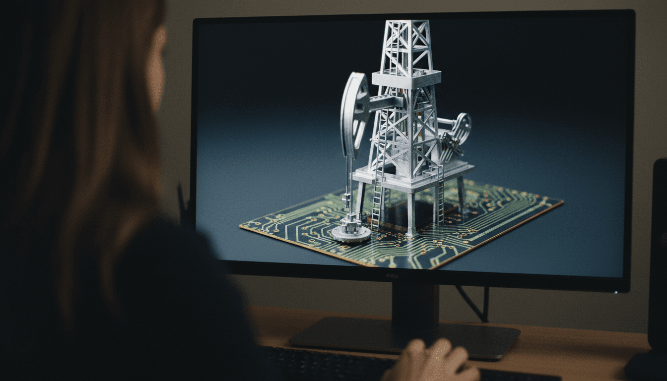 Close-up of a detailed oil rig model, with a subtle texture of a circuit board integrated into its base, symbolizing how traditional industries connect with tech sectors after Shell invests $22 billion.