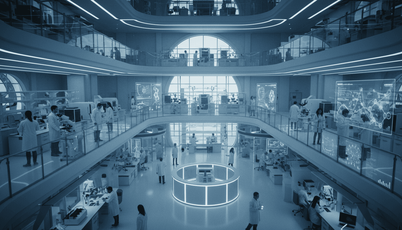 A wide environmental shot of a modern, sleek pharmaceutical research lab with glass walls, scientists in lab coats working at benches, and large digital screens displaying complex data, hinting at the technological underpinnings of Eli Lilly's $6.3 billion deal.