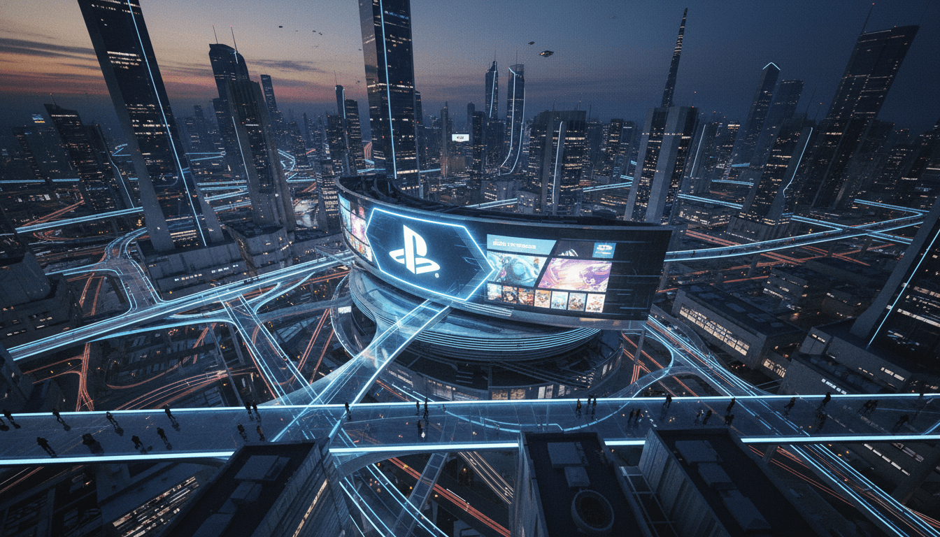 An aerial view of a bustling city skyline with a faint Xbox logo subtly integrated into the architecture of one prominent building, symbolizing the widespread reach of PS5 game sales.