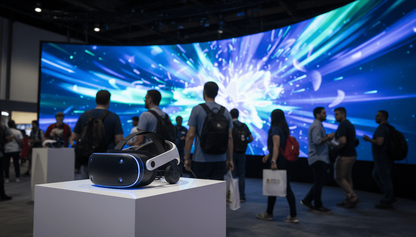 A close-up of a PSVR2 headset on a display stand, with a blurred background of a gaming convention booth, representing the PSVR2 developer layoffs.