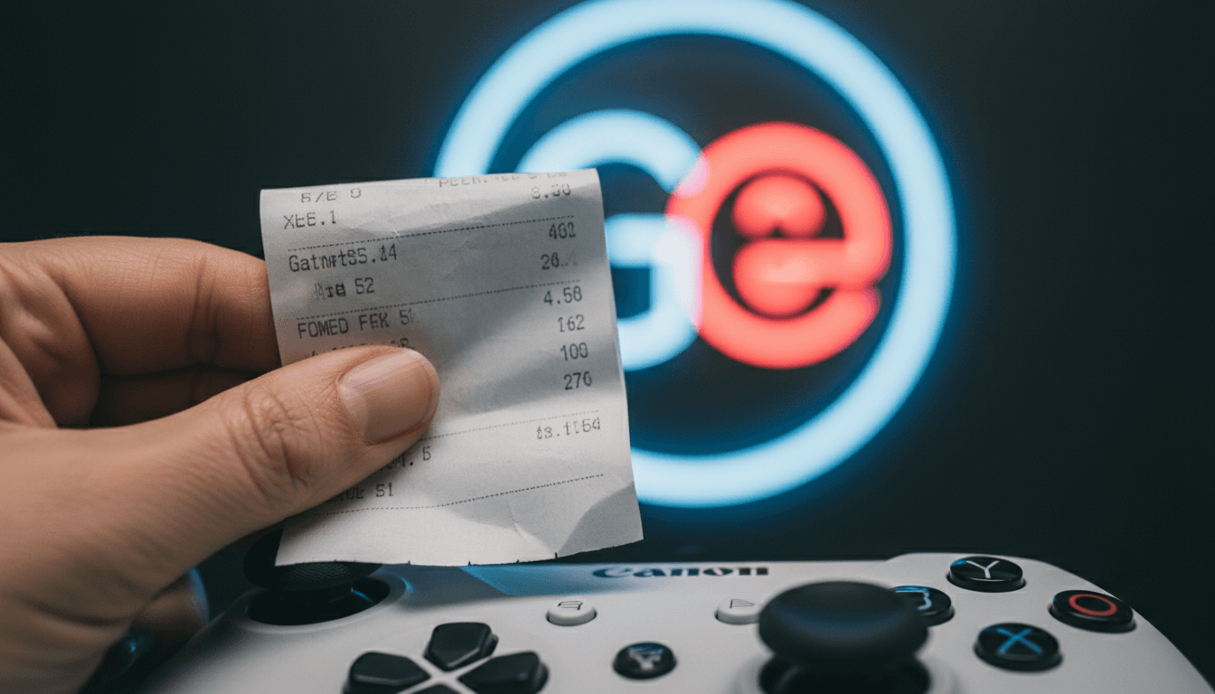 Close-up of a vintage GameStop receipt with a blurred eBay logo visible in the background, symbolizing the GameStop eBay buyout.