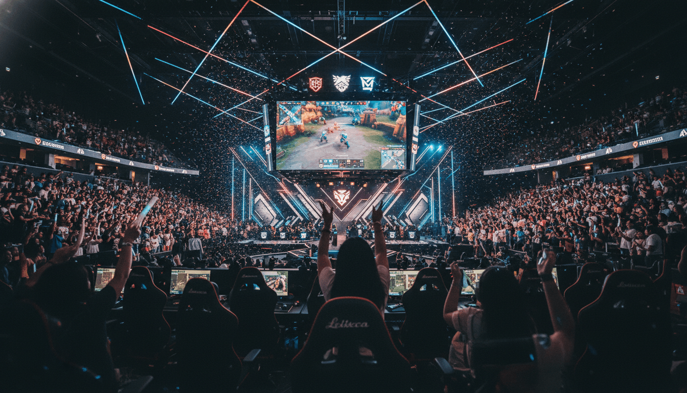 A packed esports arena in the Philippines, with a large screen displaying a competitive game and cheering fans, representing the growing Philippines esports market.
