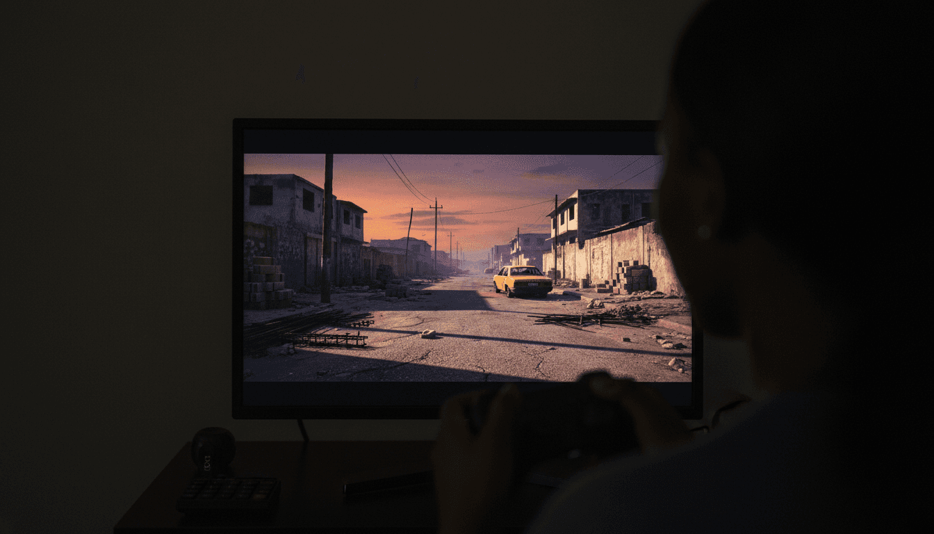 An empty, dusty, and quiet street in a Nigerian city at twilight, conveying the untapped potential and lack of a bustling Nigeria gaming industry. The street is lined with unfinished or older buildings, with a faint glow from distant city lights.