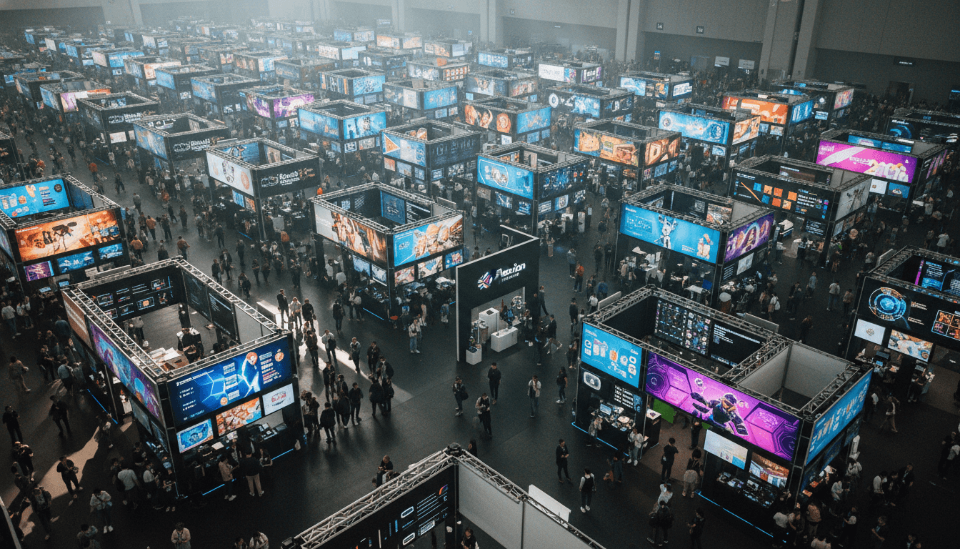 An aerial view of a bustling mobile game developer conference, with various booths and screens showcasing new technologies designed to increase mobile game revenue.
