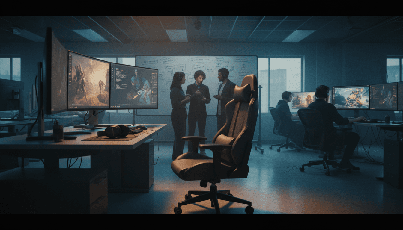 A vibrant concept art piece from 'Project Ethos' displayed on a large screen in a modern game development studio, with designers discussing Project Ethos details.