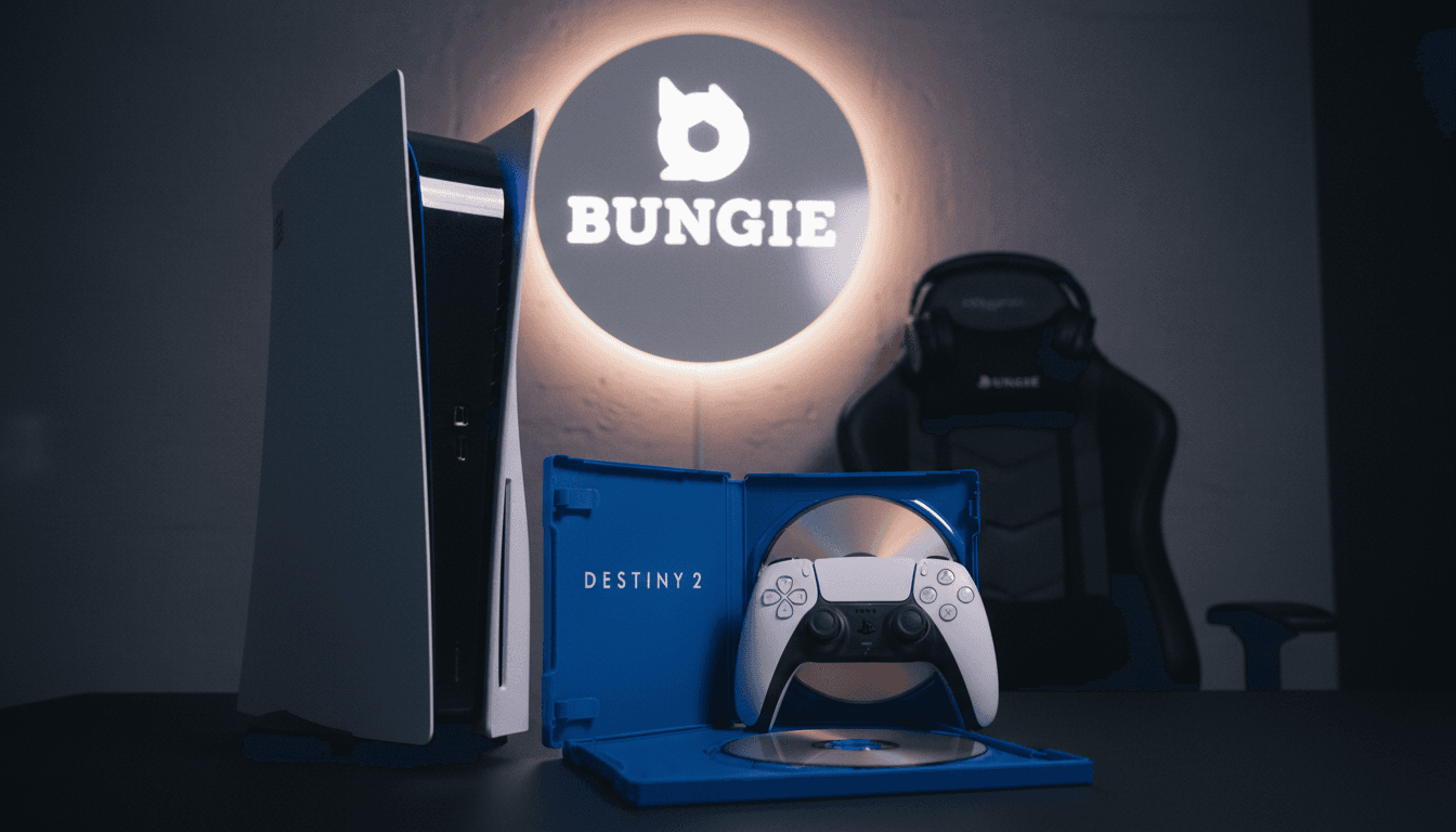 A close-up shot of the Bungie studio logo on a dark background, with a PlayStation 5 controller resting on a game box for Destiny 2, symbolizing the Bungie underperformance.