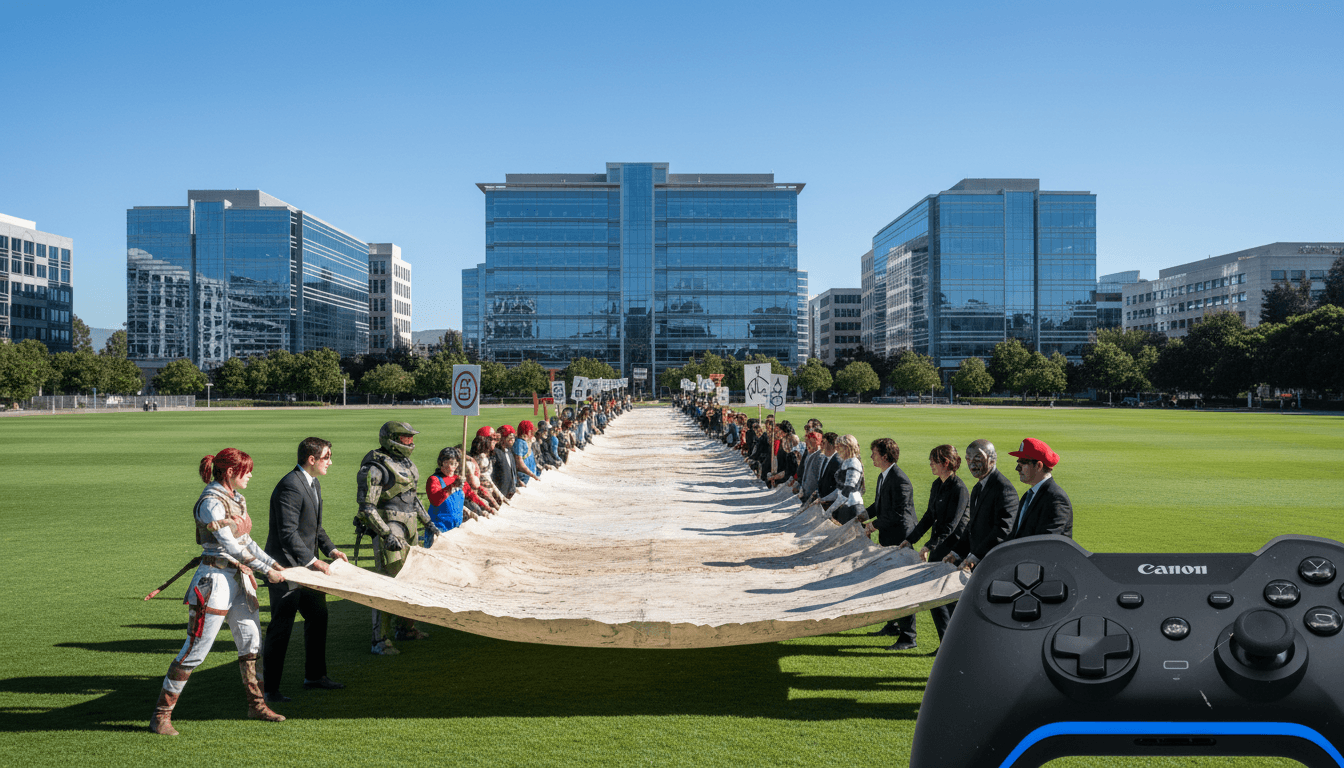 A wide shot of the Electronic Arts campus in Redwood, California, with a large group of cosplaying gamers unfurling a 50-foot scroll on the central Madden football field during a protest against the Saudi Arabia EA buyout.