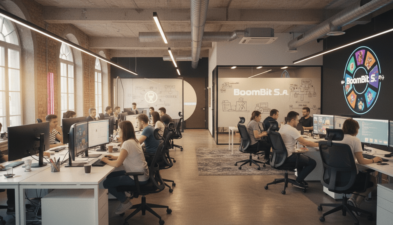 A wide environmental shot of a modern, bustling mobile game development studio, with multiple teams collaborating and BoomBit S.A. branding visible.