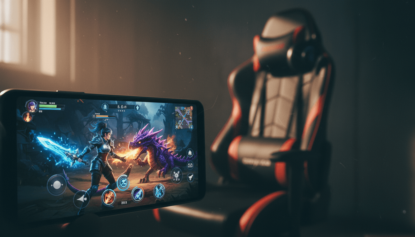 Close-up of a smartphone screen displaying a vibrant, high-fidelity mobile gaming market title, with subtle glowing elements.