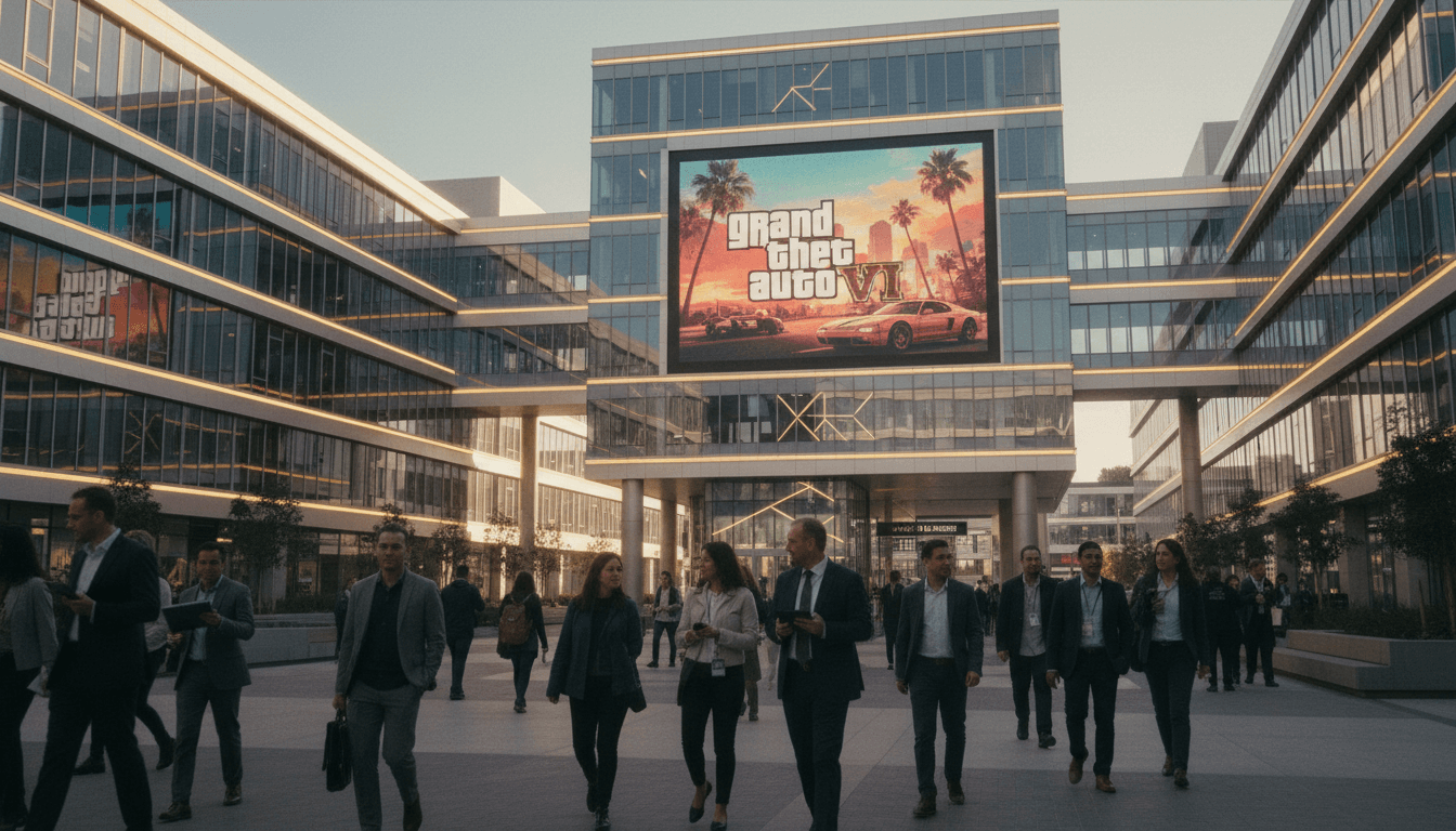 A wide shot of the Take-Two Interactive corporate headquarters building, with the company logo prominently displayed at the entrance. The building is modern, with large glass windows reflecting a clear sky. A subtle, artistic rendering of a Grand Theft Auto VI scene is visible on a large digital billboard integrated into the building's facade, hinting at future releases. The scene conveys a sense of corporate stability and forward-looking ambition.