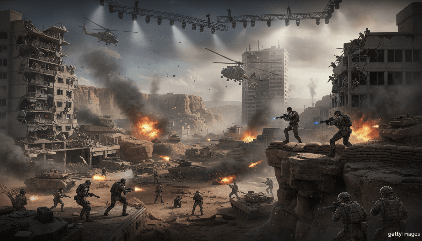An expansive, high-fidelity scene from Battlefield 6, showcasing detailed environments and intense combat, representing the game that helped EA posts $8 billion record.