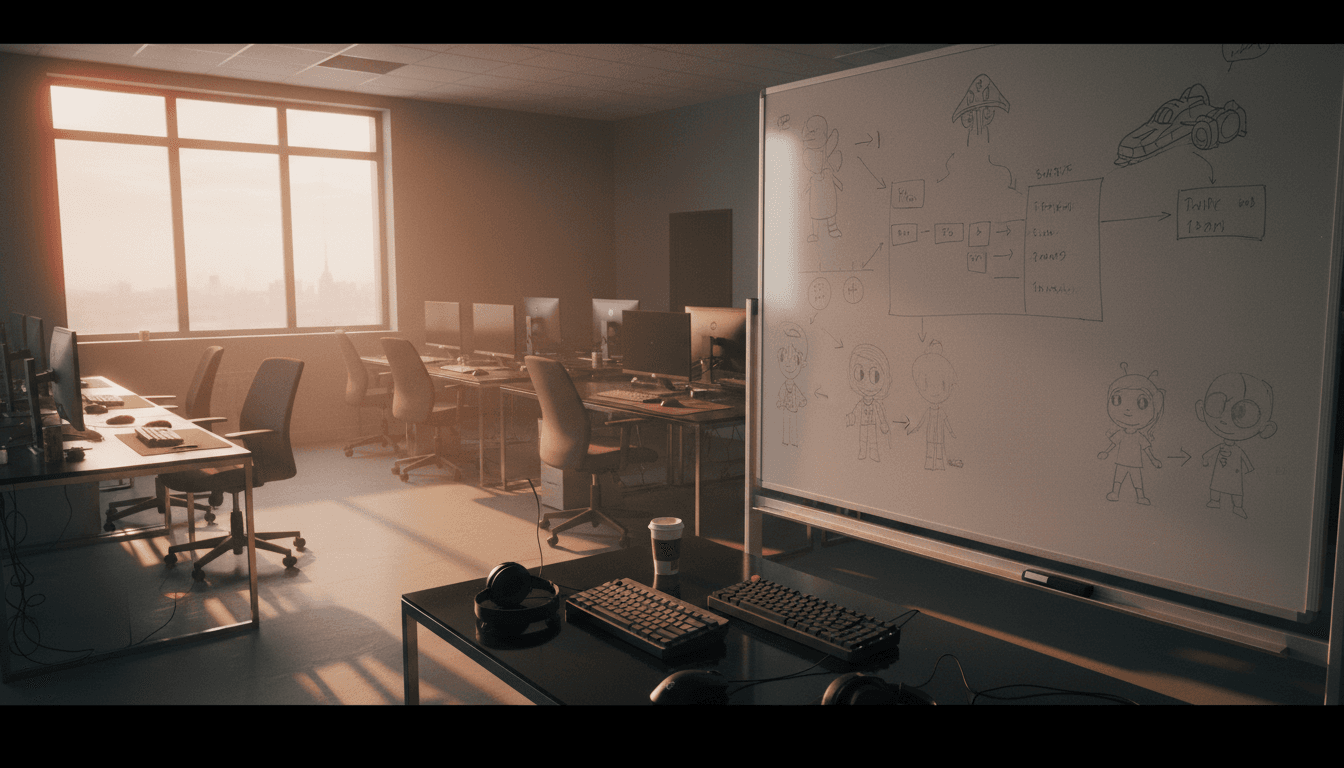 A solitary, abandoned game development studio office at dusk, with a large, empty whiteboard in the foreground, subtly hinting at the Sega cancels Super Game initiative.