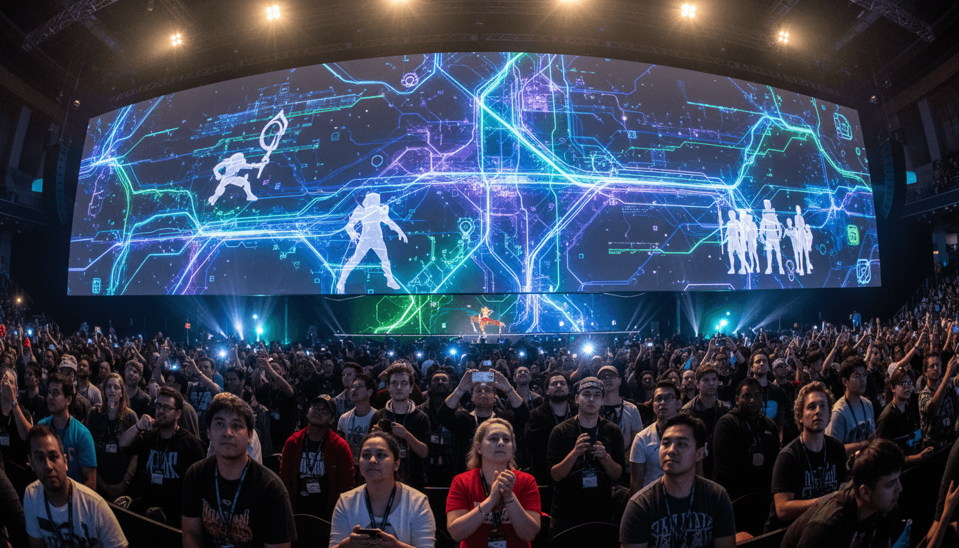 A stylized, glowing circuit board representing AI integration, with subtle gaming motifs like pixelated characters or game UI elements subtly embedded within the circuitry, symbolizing Tencent quarterly profit rises through technological advancement.