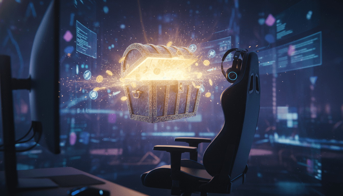 A stylized, glowing virtual treasure chests opening in a video game, surrounded by animated digital currency and item icons.