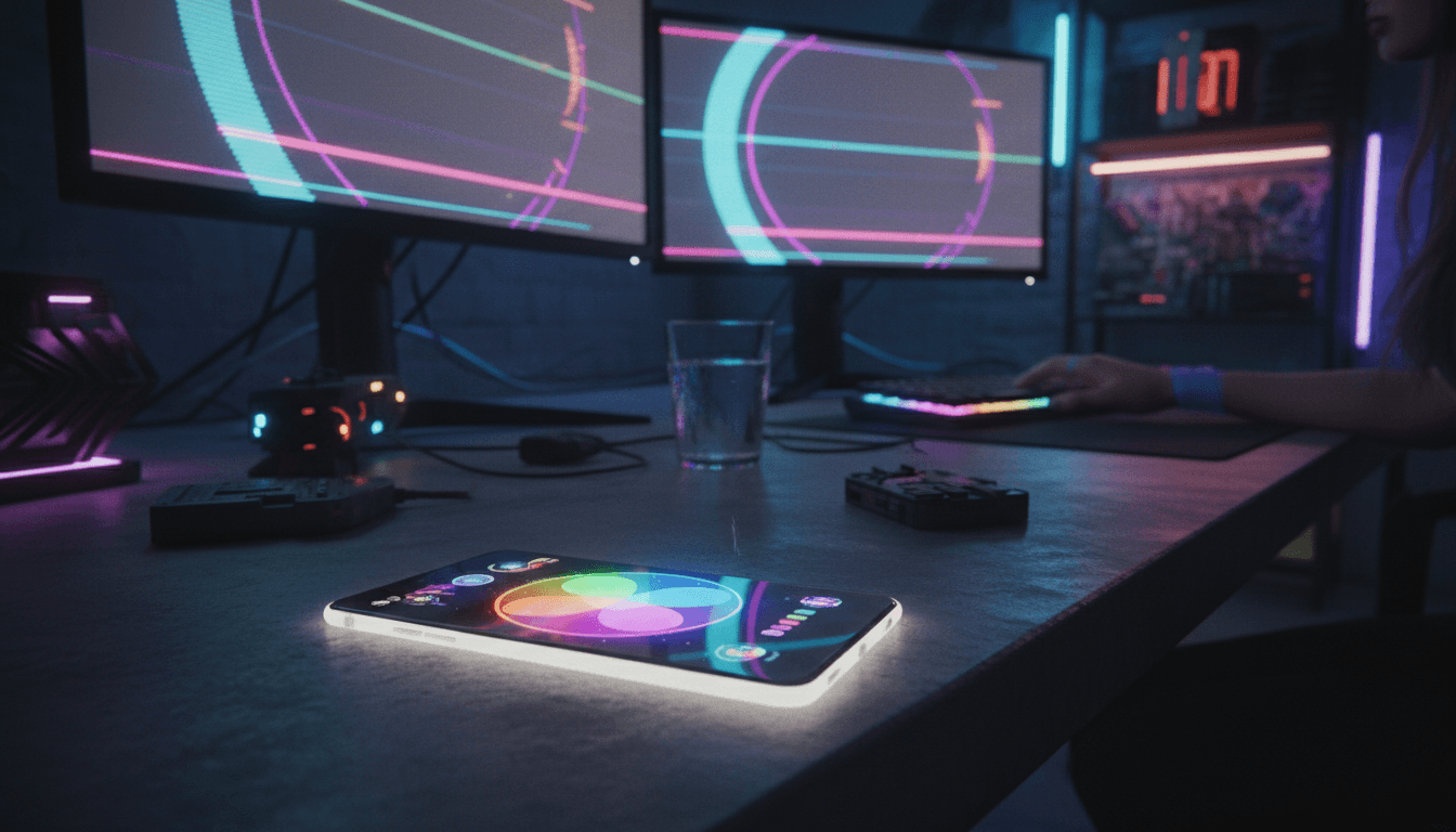 A lone, stylized mobile phone screen displaying a vibrant, abstract game interface, dimly lit by a soft, ethereal glow, against a dark, featureless background, conveying the solitary focus on top mobile games.