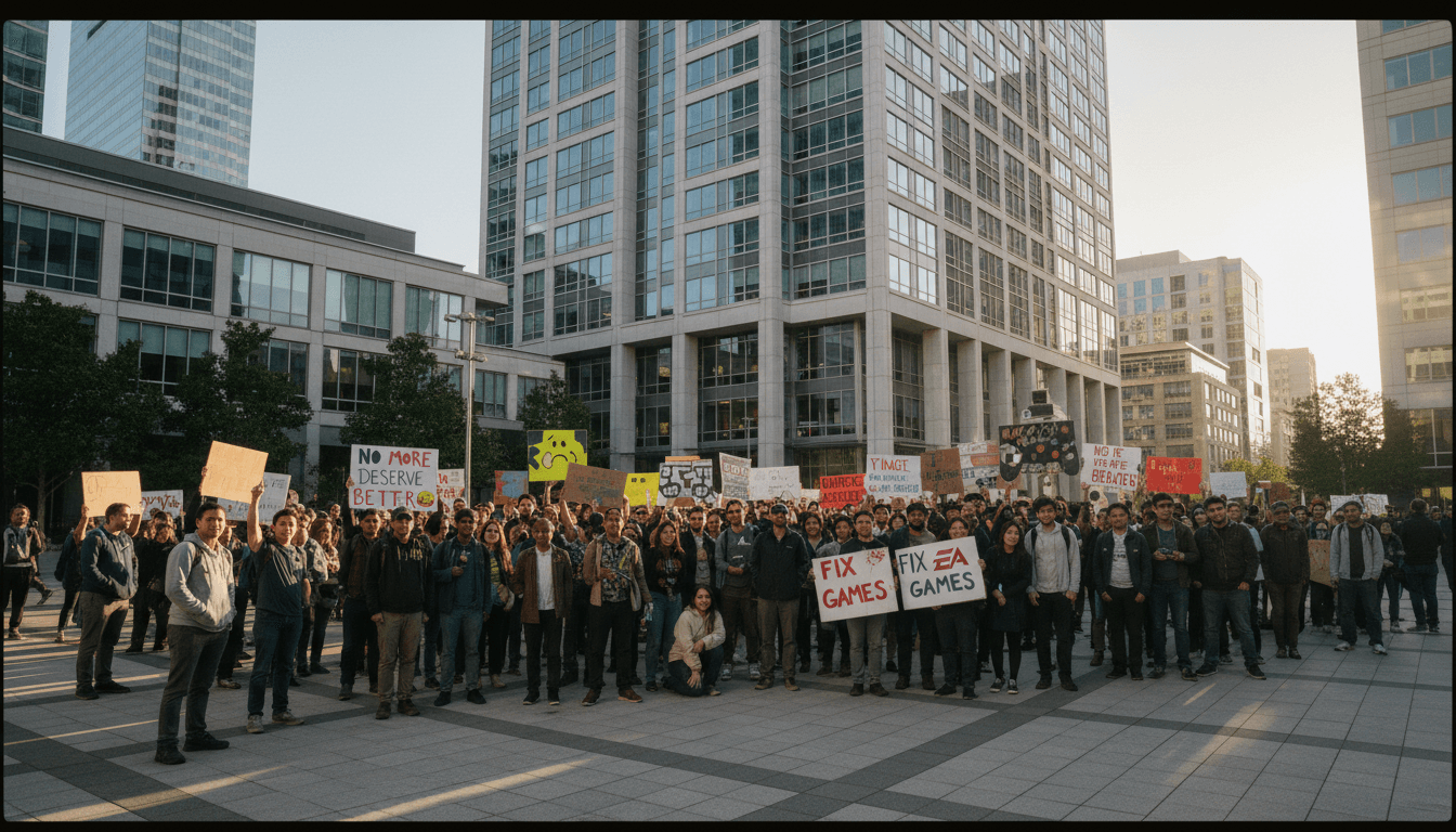 A wide shot of Bay Area gamers rallying against EA $55 billion acquisition, holding signs outside a corporate building.