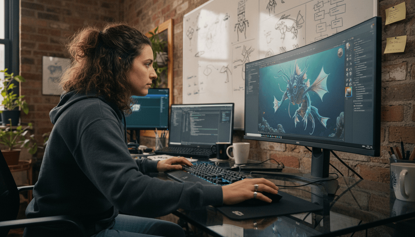 A developer at Unknown Worlds Entertainment working on a 3D model of an alien creature from Subnautica 2, hinting at the studio's potential $250 million bonus.