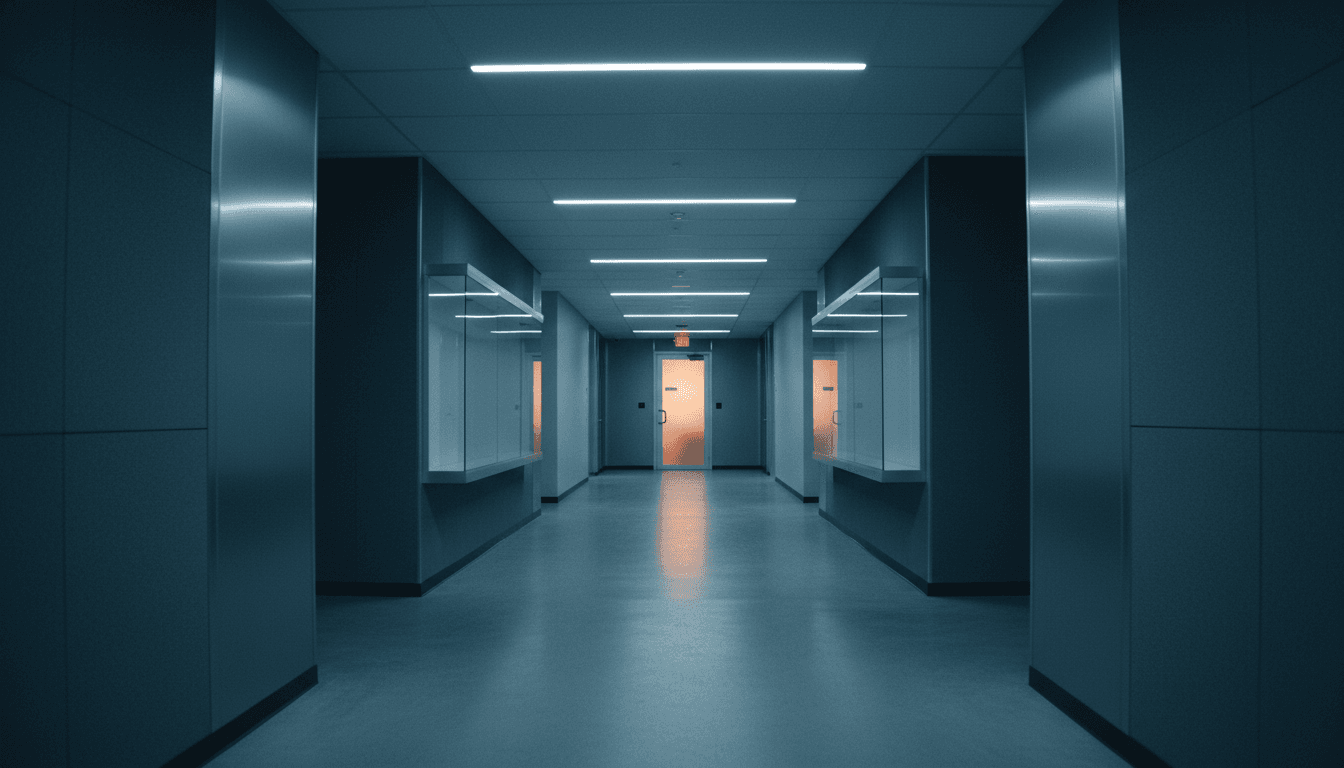 A quiet, dimly lit office corridor at Ubisoft headquarters, with a subtle glow from a meeting room door, suggesting anticipation around the Ubisoft earnings date.