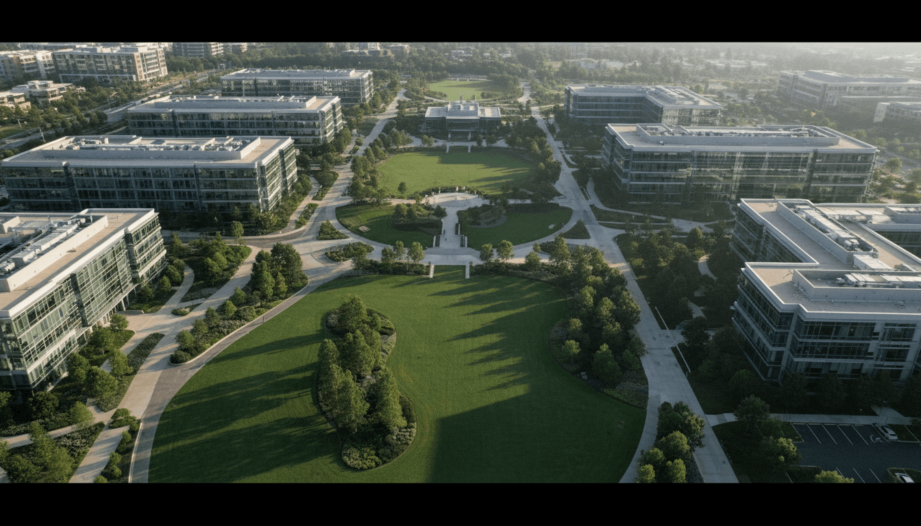 An aerial view of Microsoft's sprawling campus, with the Activision Blizzard shareholder lawsuit headline overlaid, symbolizing corporate resolution.