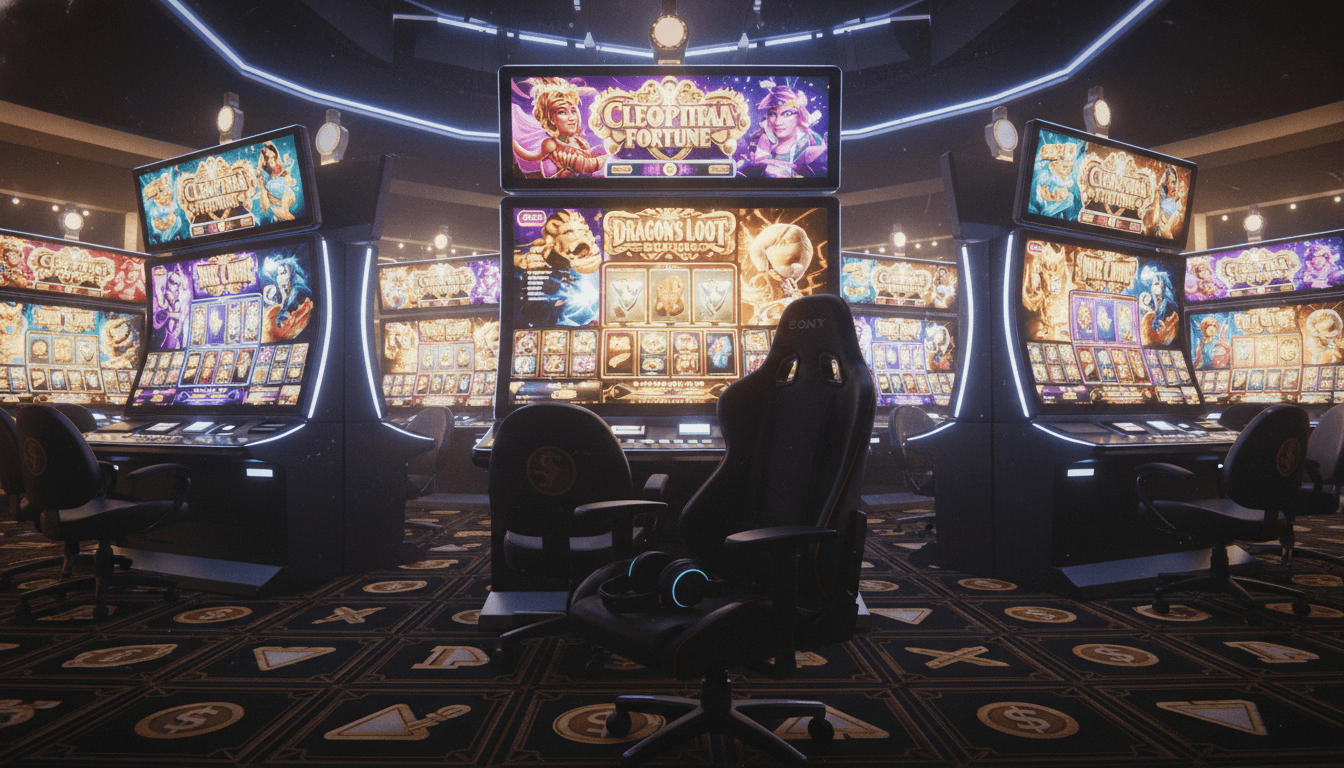 A bustling digital casino floor, with various slot machine games displayed on large screens, representing the tough social casino market.