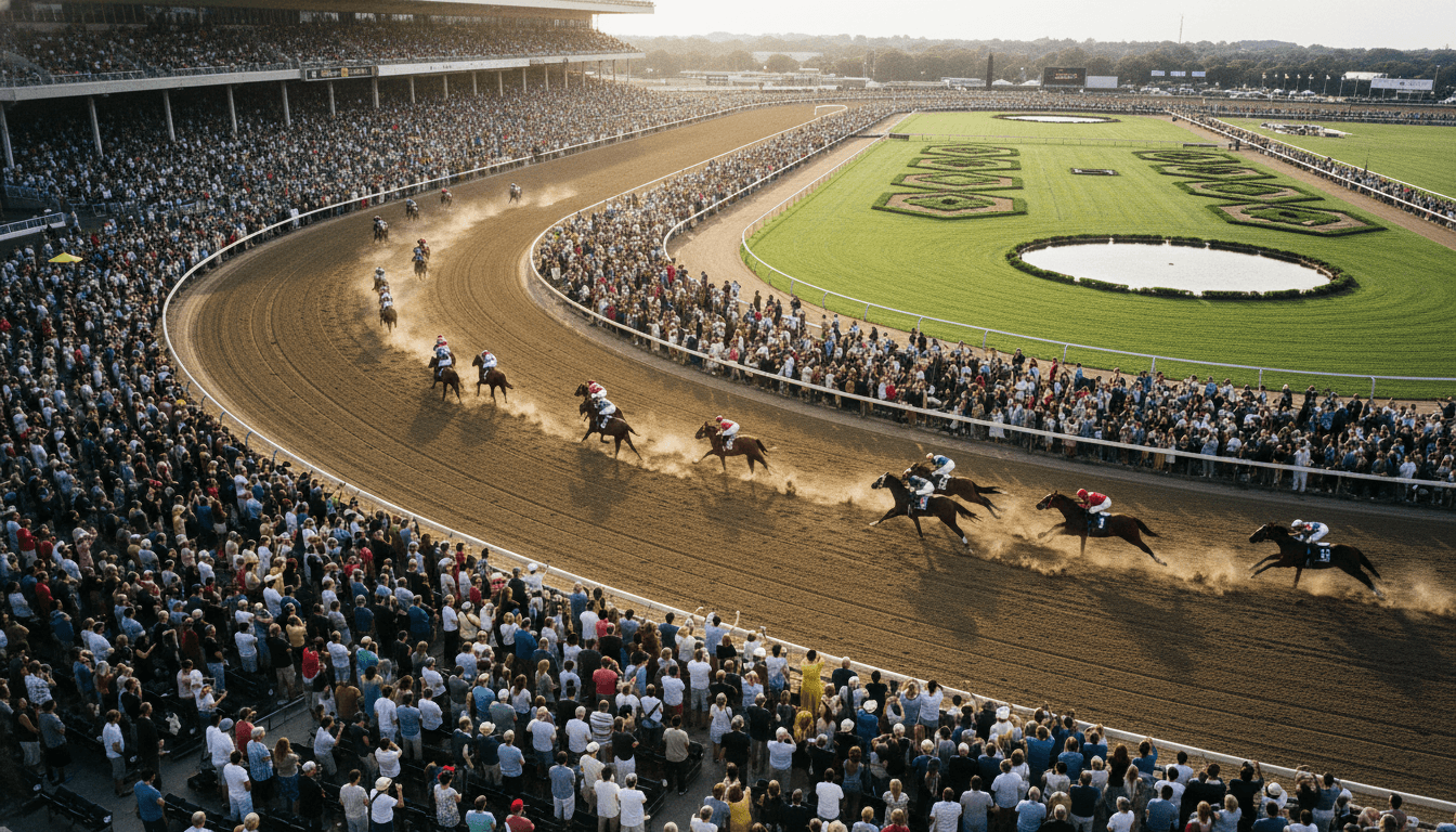 Aerial view of a bustling horse racing track during a major event, showcasing the scale of the billion-dollar thoroughbred economy.