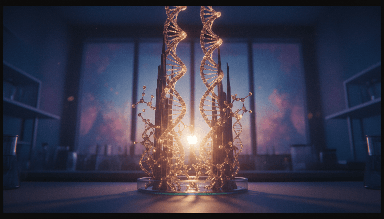 A conceptual image representing the scientific breakthrough of a new breast cancer drug, showing intertwined DNA strands and molecular structures glowing with hope.