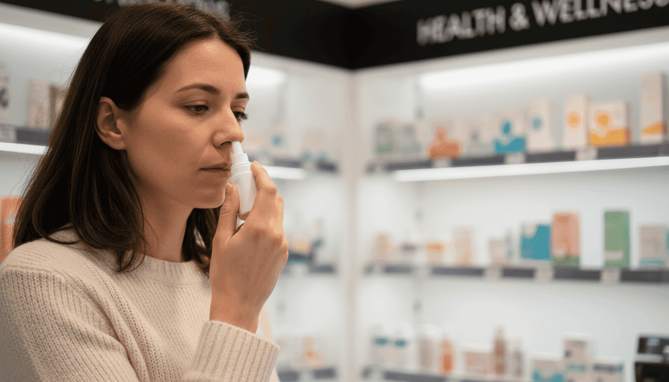 A close-up, candid shot of a person using an intranasal drug delivery device, with a blurred background suggesting a home or clinic setting.