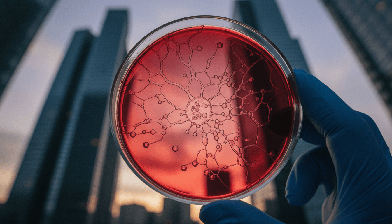 Close-up of a petri dish containing cell cultures under a microscope, symbolizing new cancer treatment research.