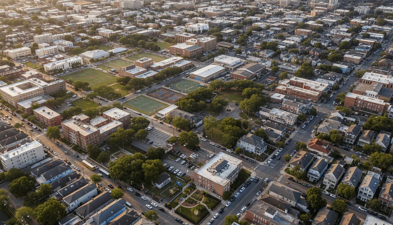 An aerial view of New Orleans' diverse neighborhoods, illustrating the varied communities facing New Orleans youth mental health challenges.