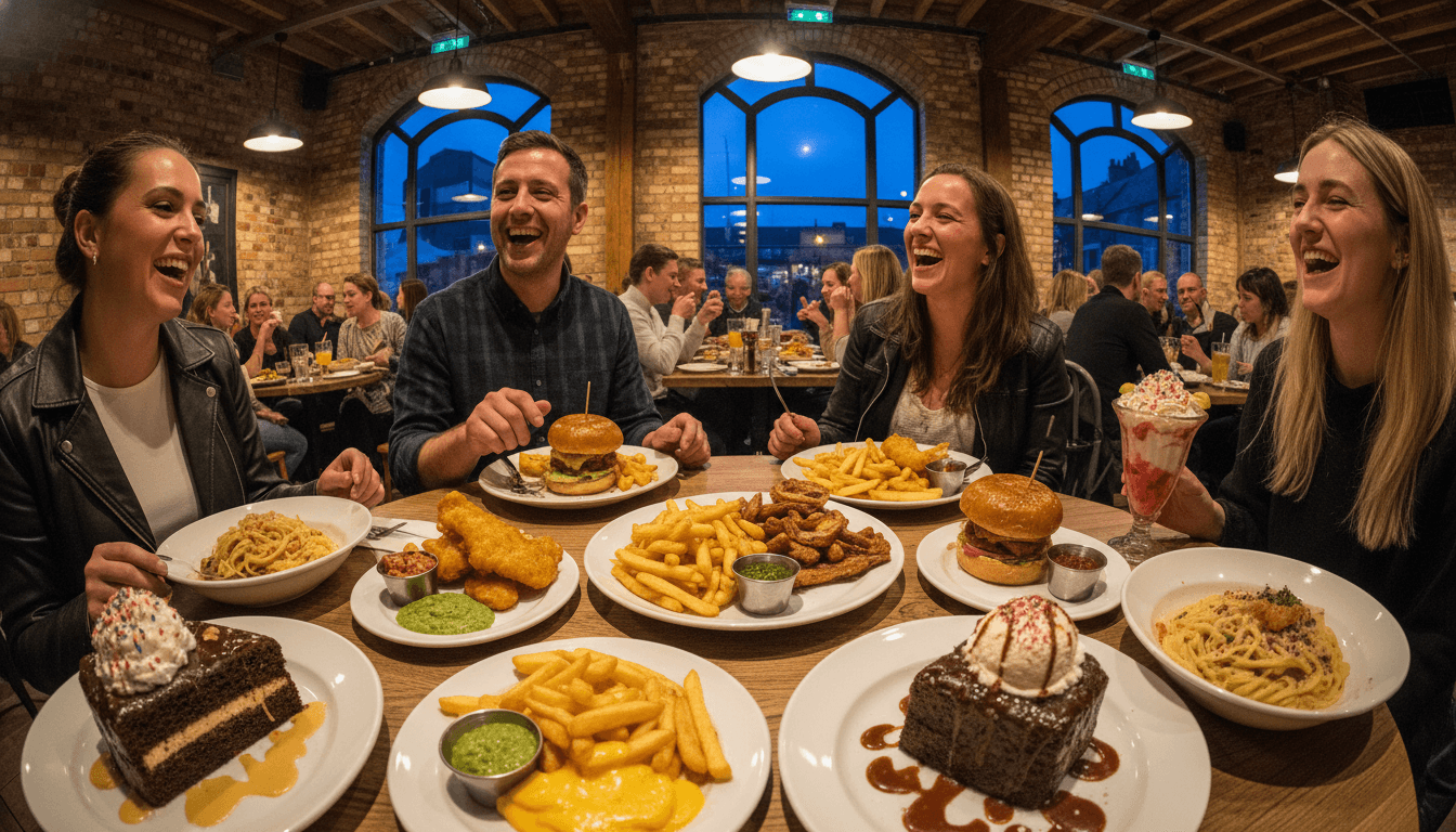An overhead shot of diverse, unhealthy-looking dishes on tables in a bustling UK restaurant, emphasizing UK restaurant chains falling short on healthy nutrition.